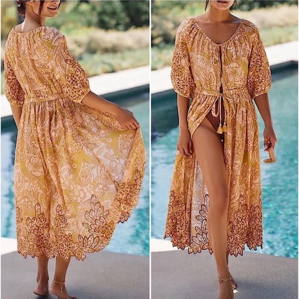 Anthropologie Yellow Floral Tie-Front Sheer Swim Coverup
